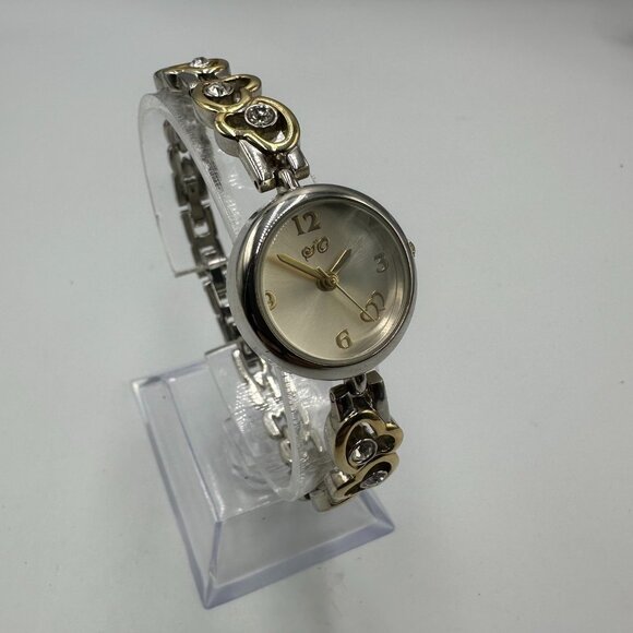 Heart Watch Women Silver Gold Two Tone  Rhinestone Band New Battery 7.5 Inch - Picture 2 of 14
